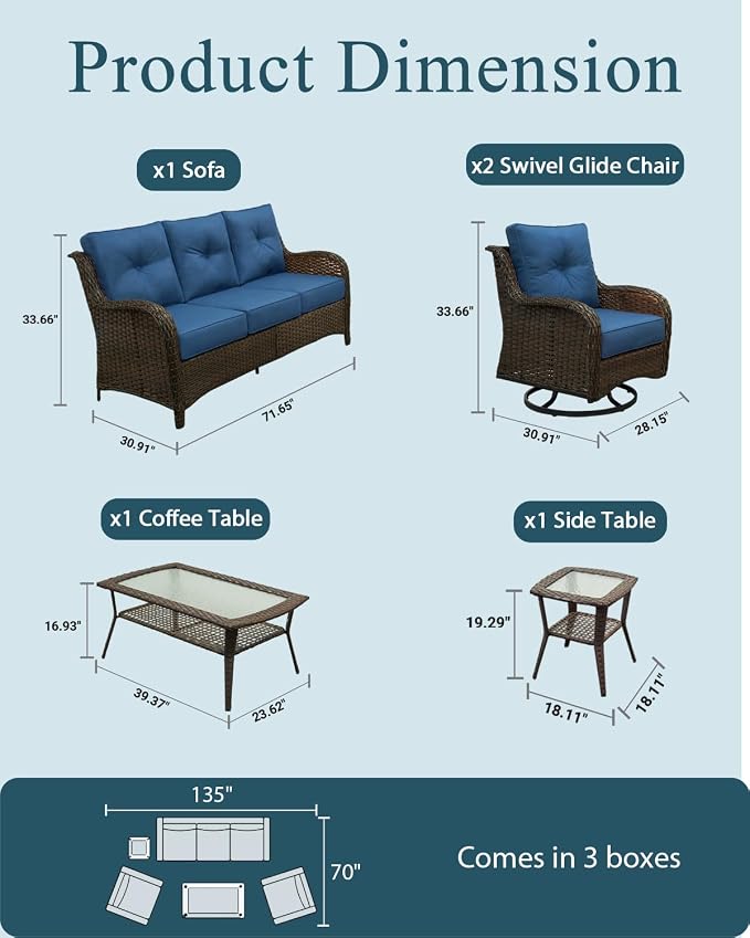 Luxury Patio Conversation Set, 5-Piece Ergonomic High Back Wicker Sofa&Swivel Chair Set with 6-Inch Deep Seating Cushions, Large Patio Furniture Set for Garden, Deck & Balcony, Navy Blue