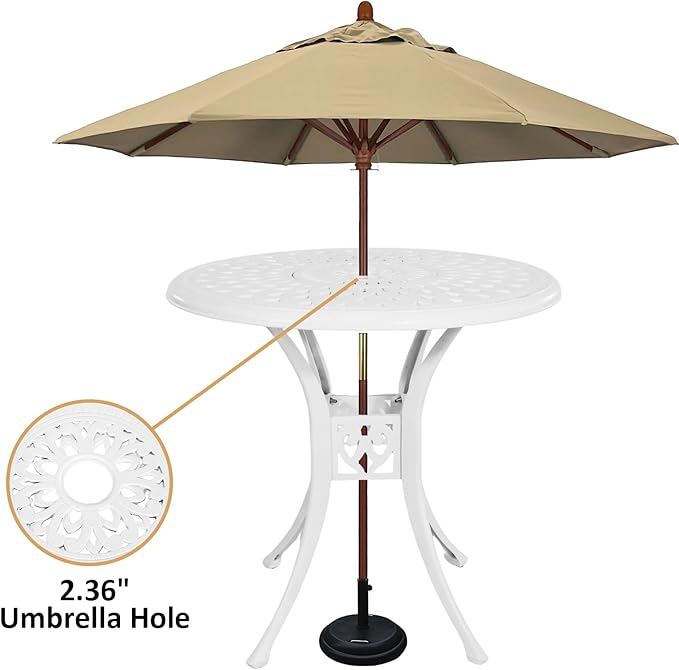30.7" Cast Aluminum Round Patio Table, Patio Dining Table with Umbrella Hole, All Weather Outdoor Bistro Table for Backyard, Garden, Balcony, White