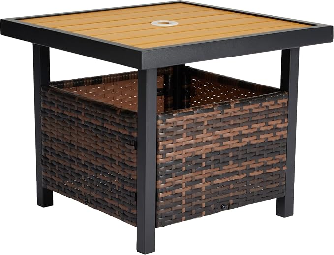 Outdoor Patio Umbrella Stand Table, All Weather Small Wicker Side Table with Umbrella Hole, 22 in Rattan Base Table (Yellow)