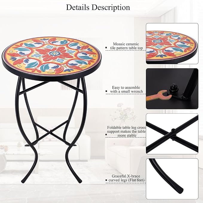 14 Inch Mosaic Patio Side Table with X-Curved Legs, Indoor Outdoor Accent Round End Table with Ceramic Tile Tops for Yard, Garden, Living Room, Bistro, C - Mediterranean Floral Pattern