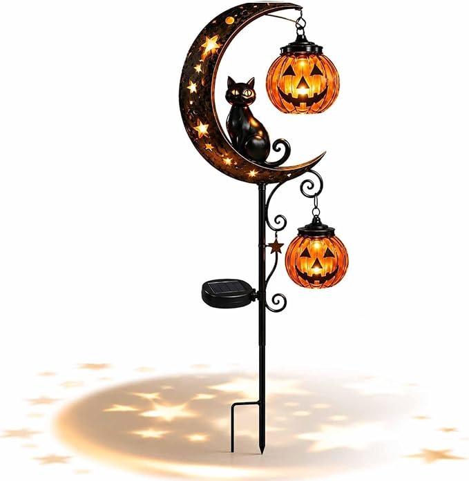 Solar Halloween Black Cat Garden Stake Light – Metal Crescent Moon & Pumpkin Lantern Yard Decor, Auto On/Off Waterproof LED Landscape Lighting for Patio Lawn Pathway (C)