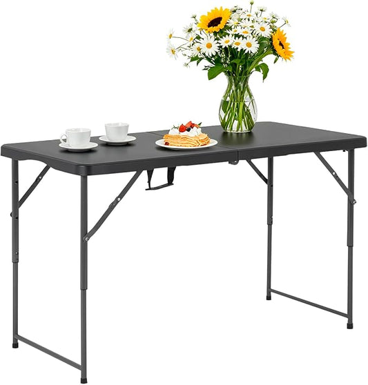 34" Folding Card Table, Heavy Duty HDPE Square Table, Fold-in-Half Portable Design with Carry Handle, Indoor Outdoor Utility Dining Table for Picnic, Camping, 330 lbs (Black, 4FT)