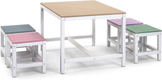 5-Piece Outdoor Dining Set, Poplar Wood Patio Table and 4 Stools, Multicolor Design, Weather Resistant, 29.5 Inch Height, Compact Storage