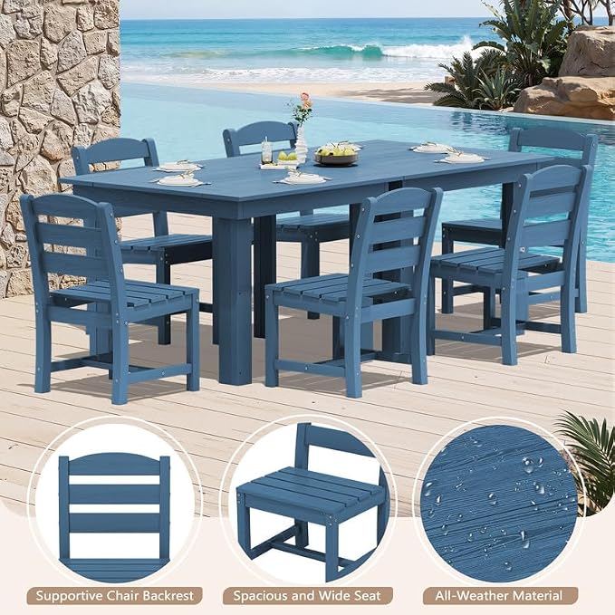KINGYES 8-Piece HDPE Outdoor Dining Set for 6, Square Patio Table & Armless Chairs with Umbrella Hole, All-Weather Patio Dining Set for Backyard, Garden, Lawn & Poolside, Blue