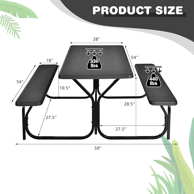 DORTALA Plastic Picnic Table for Outdoors, All Weather Faux Wood Patio Picnic Table Set with Benches for Outdoor, Cafeteria and Commercial, Black