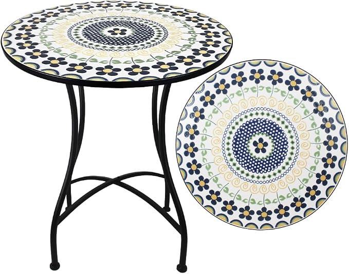 24 Inch Mosaic Patio Round Side Table with X-Curved Legs Indoor and Outdoor Accent End Table for Yard, Garden, Living Room, Bistro, B - Black Floral