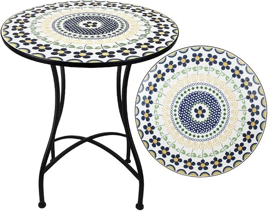 24 Inch Mosaic Patio Round Side Table with X-Curved Legs Indoor and Outdoor Accent End Table for Yard, Garden, Living Room, Bistro, B - Black Floral