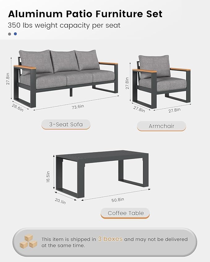 Aluminum Patio Furniture Set, 4 Piece Metal Outdoor Furniture Set with 6″ Thick Washable Cushions & Coffee Table, All Weather Patio Conversation Sets for Yard, Poolside, Garden (Grey)
