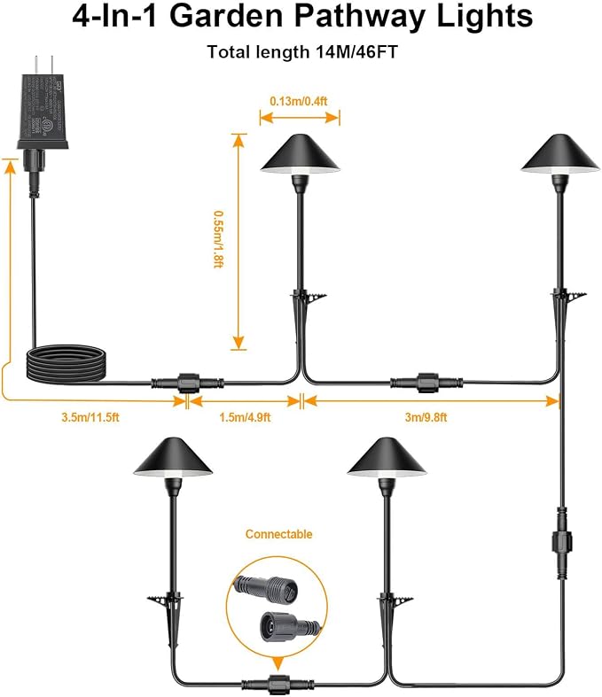 Low Voltage Pathway Lights with Transformer, 4H/6H/8H Cycle Timer | Plug and Play, Non-hardwired, Waterproof Low Voltage Landscape Lighting for Flower Bed Backyard Walkway Driveway, Set of 4