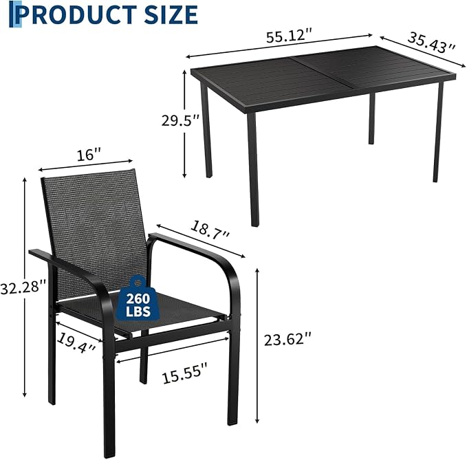Garvee 7 Piece Patio Dining Set, Black Dining Table with 6 Black Chair | Outdoor Furniture with 55" Rectangular Iron Table & 6 Textilene Chairs, All Weather Designed, Suitable for Backyard Garden
