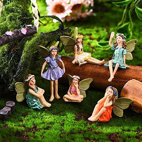 6 Miniature Fairy Figurines for Garden Outdoor, Resin Fairies with Sticks | Fairy Garden Accessories, Set of 6, Tiny Girl Sculptures, Plant Pot Decor, Lawn Ornaments, Indoor Outdoor Use