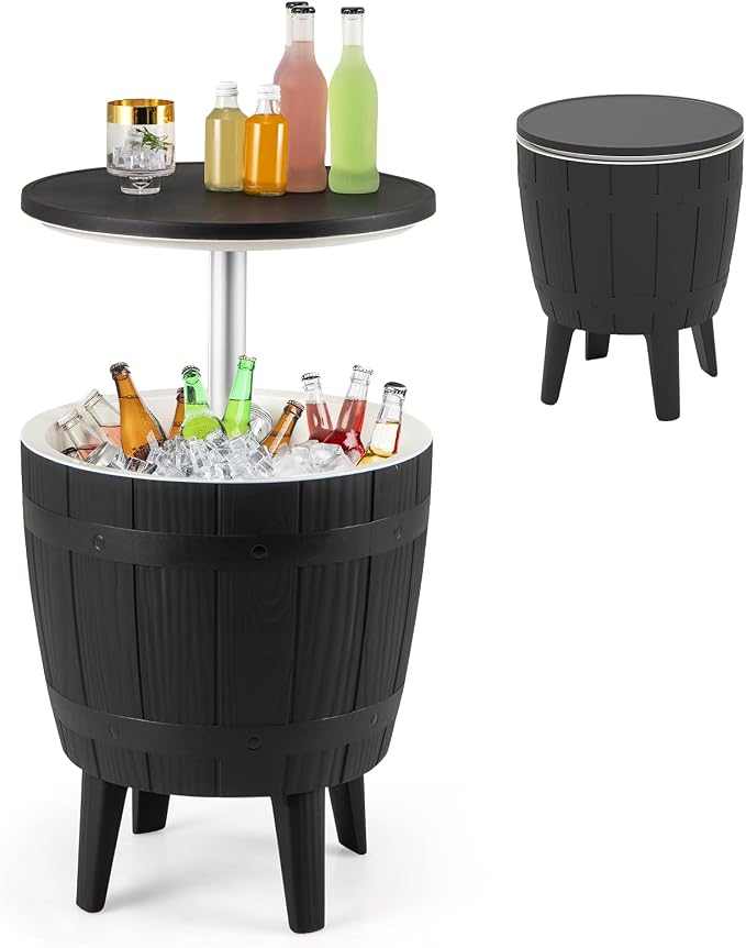 Moccha Outdoor End Table Cooler - 10 Gallon Cooler Side Table with Height Adjustable Tabletop, 3-in-1 Ice Bucket for Beer & Wine Storage, Cocktail Patio Bar Table for Deck Pool Backyard Party (Black)
