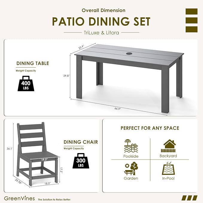 GREENVINES 7 Piece HDPE Outdoor Patio Dining Set, Table and 6 Chairs, Gray