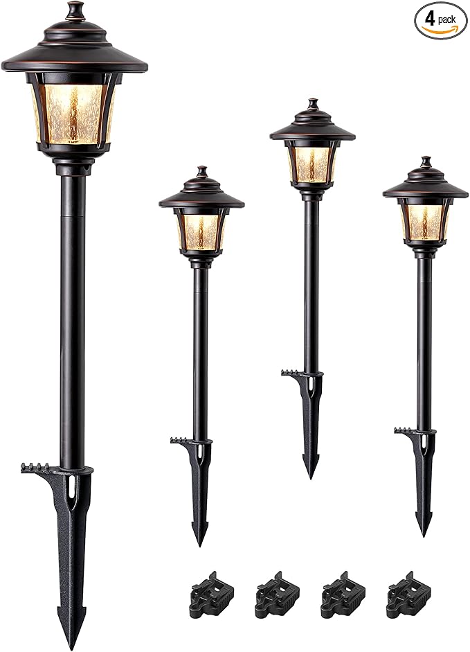 EDISHINE Low Voltage Landscape Lighting 12V 3W 120LM with Connectors 4 Pack | 3000K, Seed Glass, ORB Waterproof Electric LED Pathway Light Wired for Walkway Garden Yard