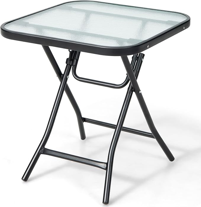 Tangkula Patio Bistro Table, 18" Square Glass Top Side Table with Rustproof Frame, Folding Coffee Table for Patio, Balcony, Backyard, Poolside(Black)