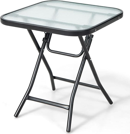 Tangkula Patio Bistro Table, 18" Square Glass Top Side Table with Rustproof Frame, Folding Coffee Table for Patio, Balcony, Backyard, Poolside(Black)