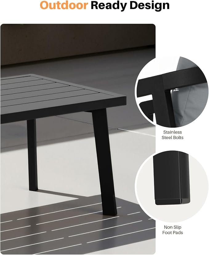 Patio Coffee Table, Never-Rust Aluminum Outdoor Coffee Table with Wood Grain Texture, Modern Rectangle Garden Coffee Table with Slatted Tabletop for Poolside, Decks, Indoor, Backyard, Black
