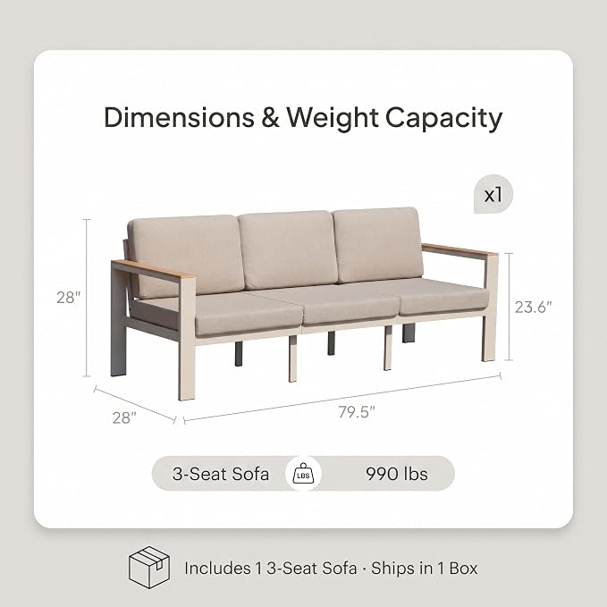 Outdoor Patio Sofa, 3-Seat Aluminum Outdoor Couch with 5-Inch Water-Resistant Cushions, Powder-Coated Frame for Porch, Deck, Backyard, Garden, Poolside, Beige
