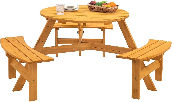 6 Person Wood Picnic Tables for Outdoors, Round Picnic Table with Umbrella Hole,3 Built-in Benches, Wooden Patio Table and Bench Set for Garden,Patio, Backyard,1720LBS Total Capacity,Natural Wood