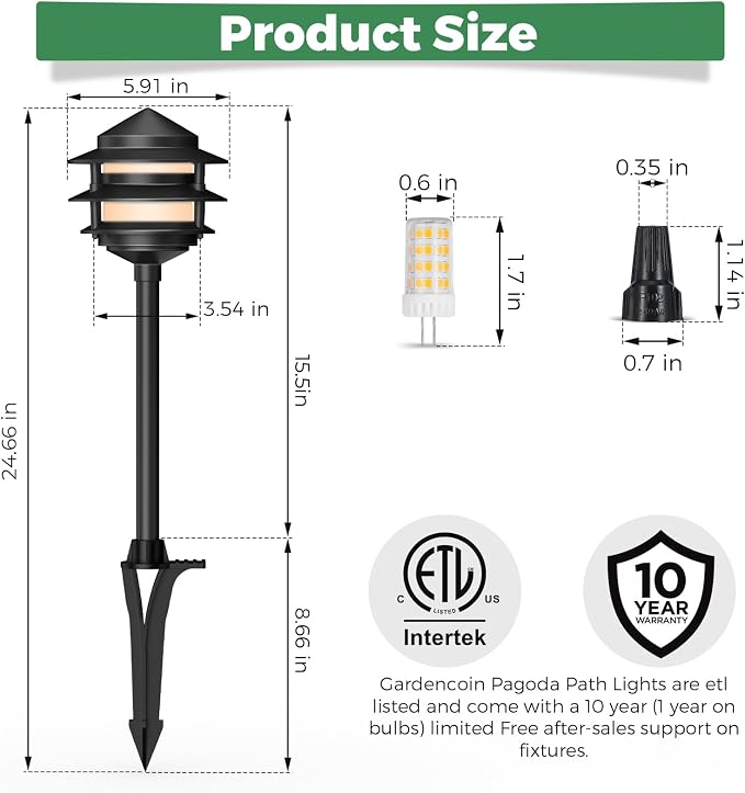 Pagoda Low Voltage Landscape Pathway Lights, 12V Outdoor LED Path Lights Wired, Aluminum Walkway Lighting with 4W 2700K Replaceable G4 Bulb, Classic 3-Tier Lantern, 12 Pack