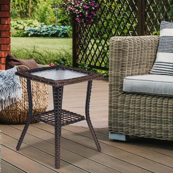 Outdoor Wicker Side Table, Rattan End with Glass Top, Patio Coffee Bistro for Indoor Garden Porch Balcony (Brown)