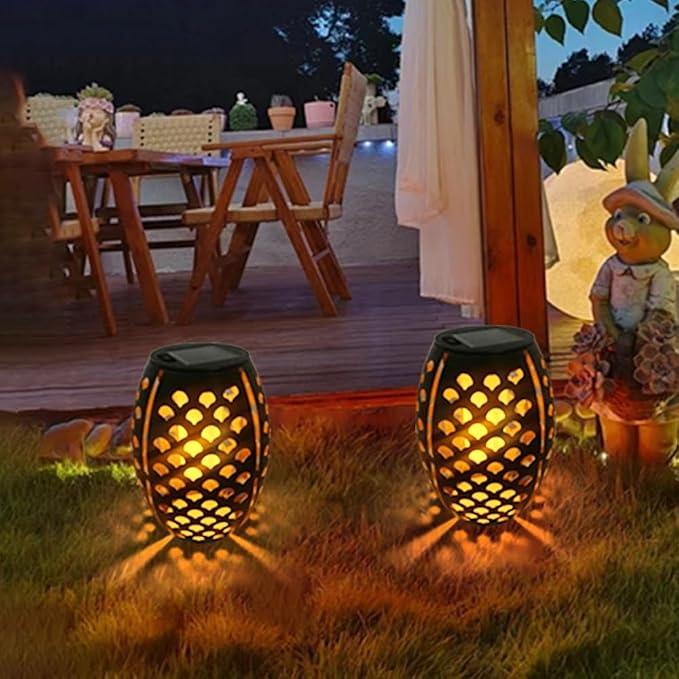 2PCS Solar Table Lanterns Flickering Flame Waterproof Black Shell | Metal Hollow Black Shell, Waterproof, 7.3" H, Ideal For Tabletop Garden Patio Decor