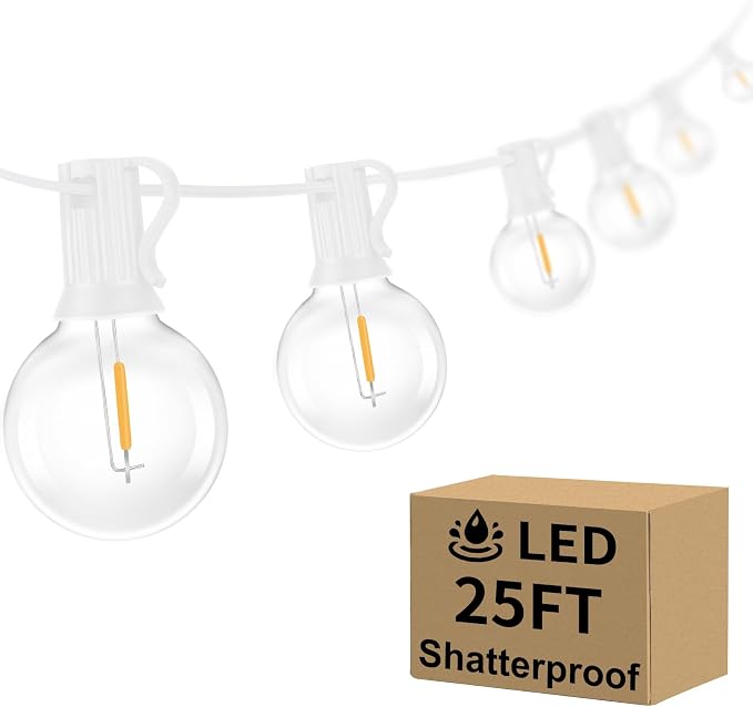Outdoor G40 LED Globe String Lights 25FT Shatterproof Waterproof | Dimmable Patio Lights with 12+2 Bulbs Connectable Commercial Hanging Light for Patio Balcony Backyard Party (White Wire)