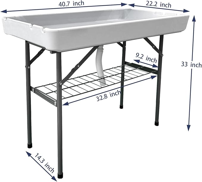 2-Tier Portable Folding Ice Cooler Table, White, with Storage Rack & Drain Hose, Ice Fill Chill Table for Drinks, Food, Camping, Beach, Backyard Parties, Weddings & Events