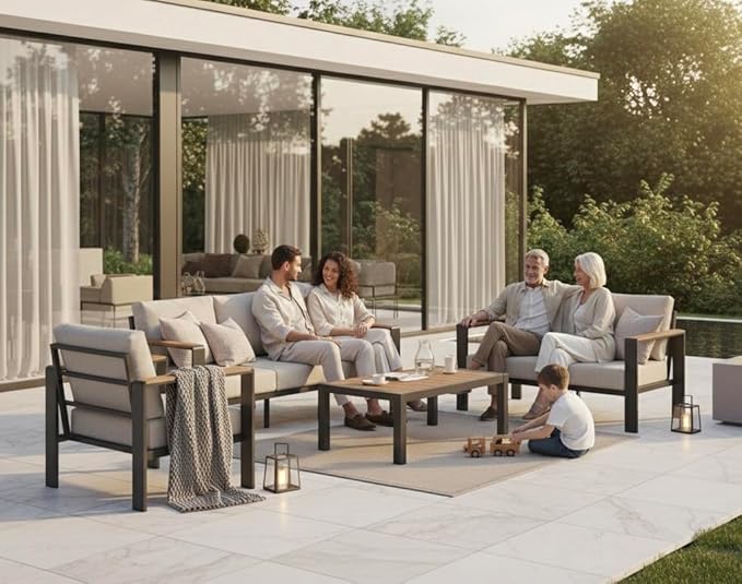 Aluminum Outdoor Patio Furniture Set with Coffee Table, 4 Piece Outdoor Conversation Sets with Washable Thick Cushions, Patio Sectional Furniture Set for Porch, Balcony, Deck, White
