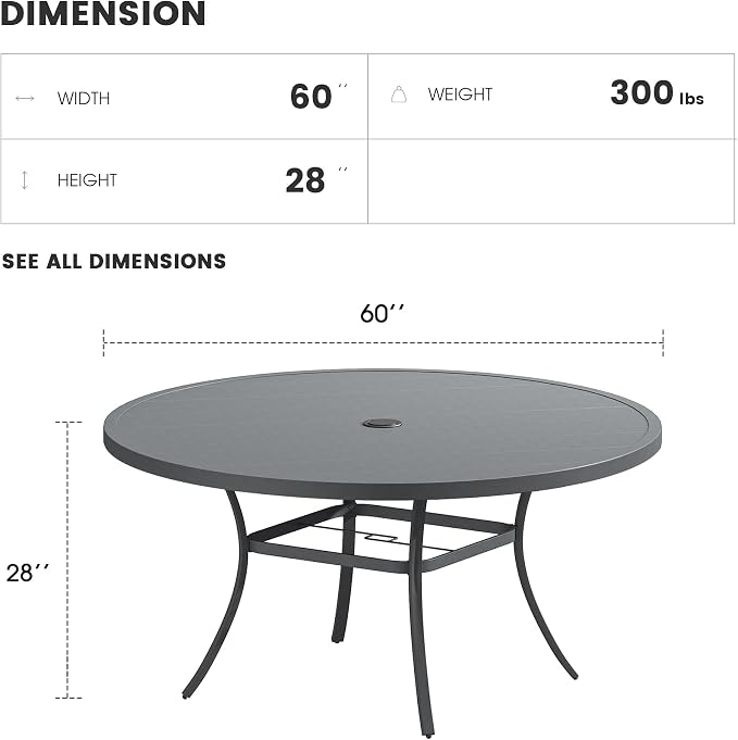 Patio Dining Table for 8-10, Round Metal Outdoor Table with 1.57" Umbrella Hole, 60" Outdoor Slat Tabletop Dining Table for Backyard, Porch, Lawn, Dark Grey