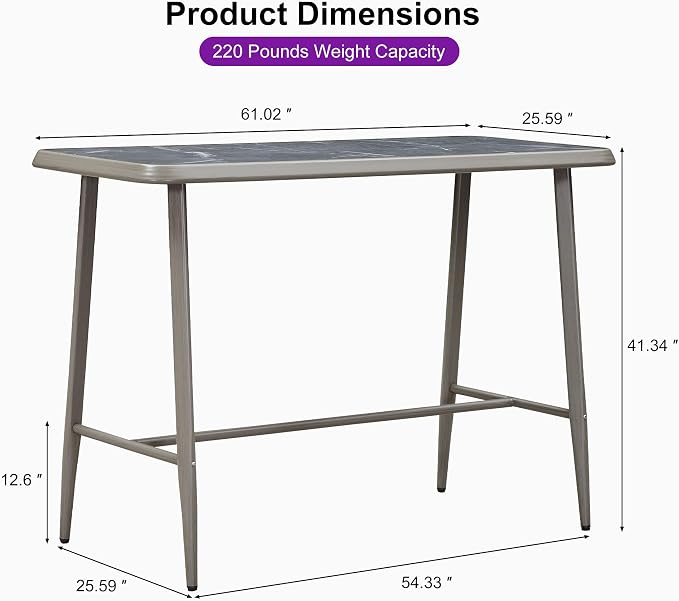 PURPLE LEAF Bar Height Table Patio Rectangular Table Dining Coffee Kitchen Breakfast Bistro Outdoor Pub Bar Table for Garden Balcony, Light Grey