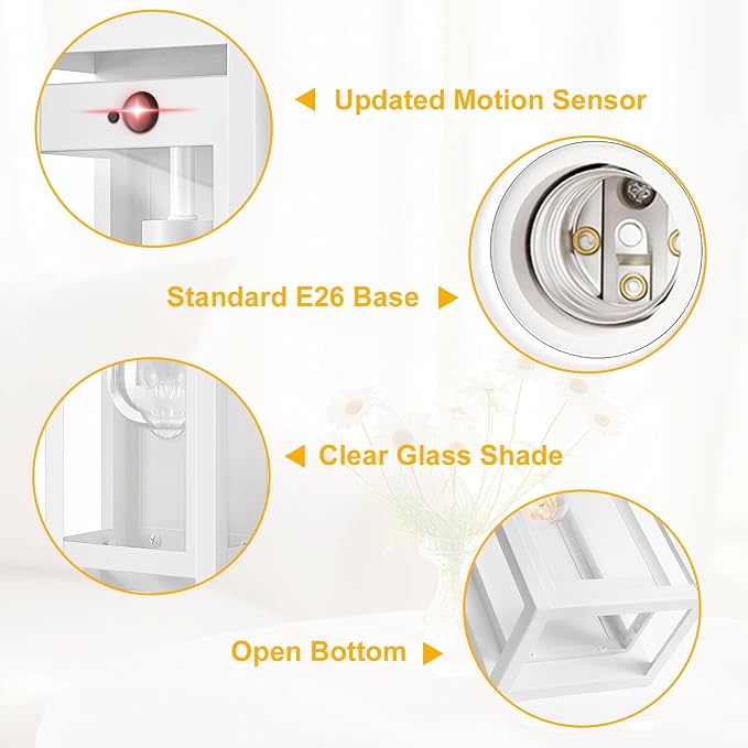 15" Motion Sensor Outdoor Lights, 2 Pack Large White Outdoor Light Fixture, 3 Lighting Modes Waterproof Anti-Rust Wall Sconces, Exterior Lighting Fixtures for Front Door, Porch, Garage