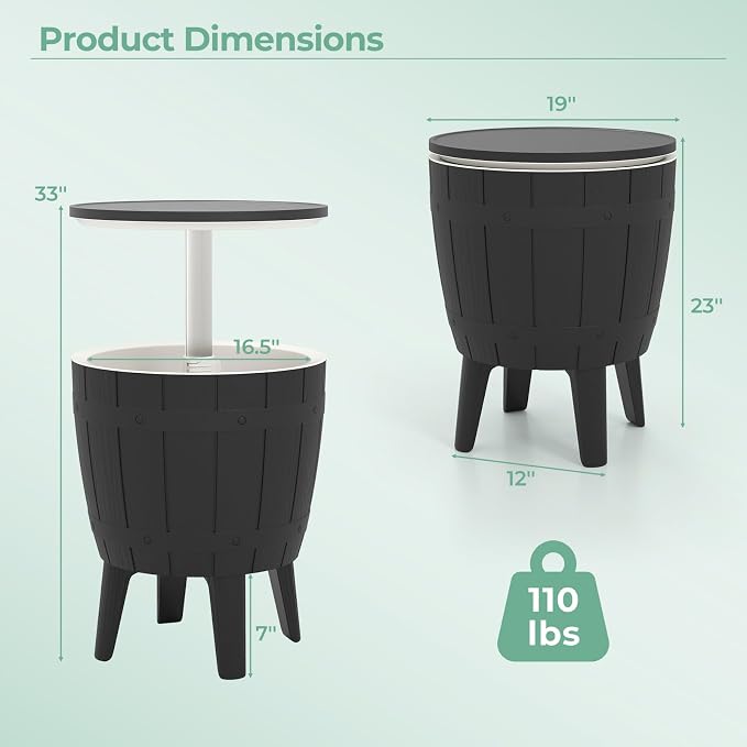 Giantex Cooler Side Table Outdoor, 10 Gallon Ice Cooler with Drainage Plug, Adjustable Height, 3-in-1 Cocktail Patio Par Table for Beer Wine Storage, Deck Pool Backyard Party, Black (Wood-Style)