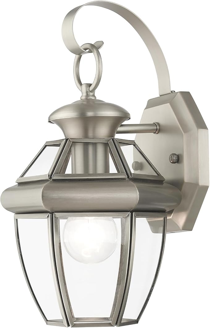 Livex Lighting 2051-91 Monterey 1 Light Outdoor Brushed Nickel Finish Solid Brass Wall Lantern with Clear Beveled Glass | Clear Beveled Glass; Solid brass construction