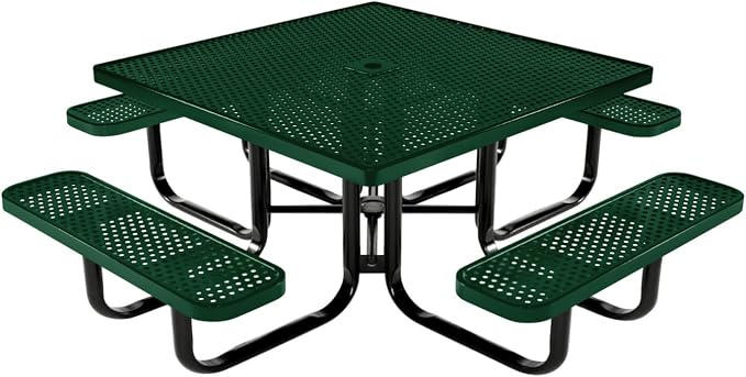 COATEDOUTDOORFURNITURE Heavy-Duty Portable Outdoor Kids Table with Umbrella Hole, Punched Steel Kids Picnic Table, Commercial-Grade, Made in America (46 in, Square, Childrens, Green)