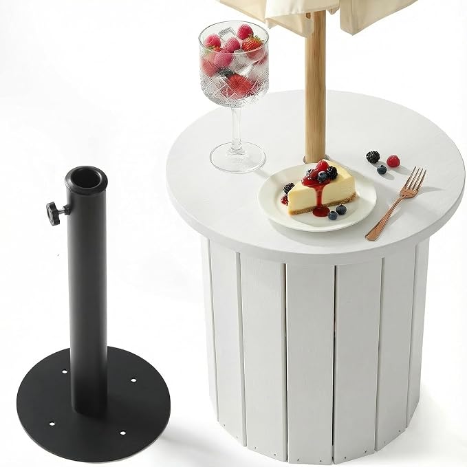 wikiwiki 2-in-1 70Lbs Patio Umbrella Base & Outdoor Side Table with Hole, HDPE Woodgrain Small Outdoor Table Fits 1.5-1.9in Pole for Patio, Deck, Poolside & Garden Use, White