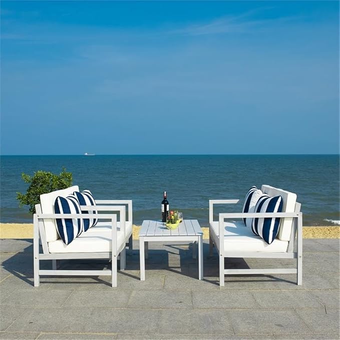 SAFAVIEH Outdoor Collection Montez Grey / Beige Cushions/ Striped Pillows 4-Piece Conversation Patio Set
