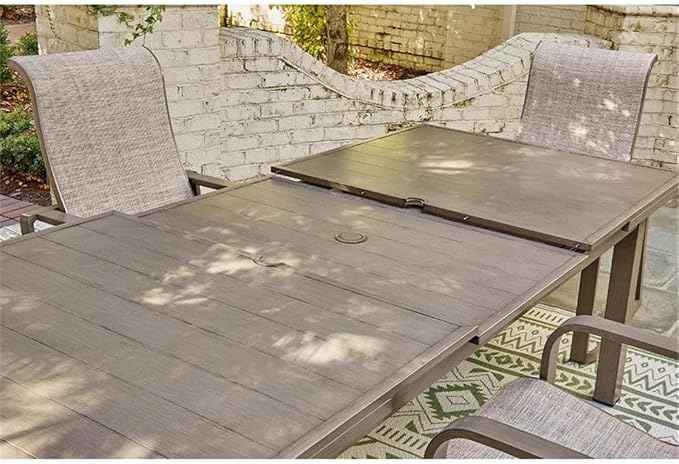 BOWERY HILL Outdoor Rectangular Aluminum Dining Table, Light Brown Finish, 71-94 in Expandable Design, Durable Wood-Look Paint, Stainless Steel Hardware, Patio Furniture for 10-Person Dining Use