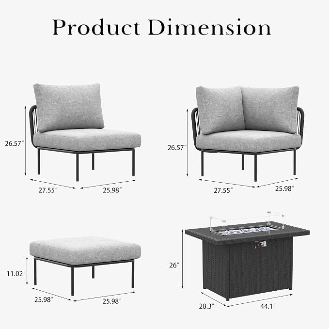LayinSun 9 Pieces Aluminum Patio Furniture Set, Modern Modular Sectional Sofa with Fire Pit Table and Upgrade Thickness Cushion