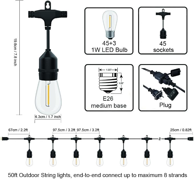 Outdoor String Lights Waterproof 150FT Patio Lighting for Porch Backyard | Connectable Heavy Duty Outside Lights Weatherproof IP65, 46+4 Dimmable Plastic Edison Bulb For Bistro Garden Balcony Gazebo