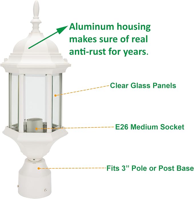 Outdoor Post Light, Rustproof Aluminum Pole Lamp, White | Exterior Lamp Post Light Fixture for Garden, Yard, Pathway, Waterproof, Glass, E26 Base, Max 60W, 2 Pack