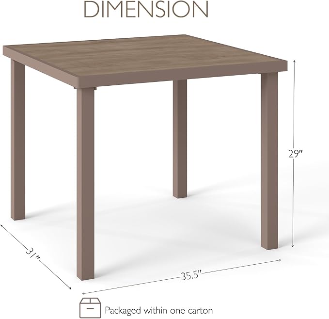 Iron Outdoor Anti-Corrosion Wood-Plastic Dining Table -All-Weather Exposed Square Table Waterproof and Rust-Proof Courtyard-Style Coffee Table Garden/Balcony/Poolside, Light Brown 1 Pcs
