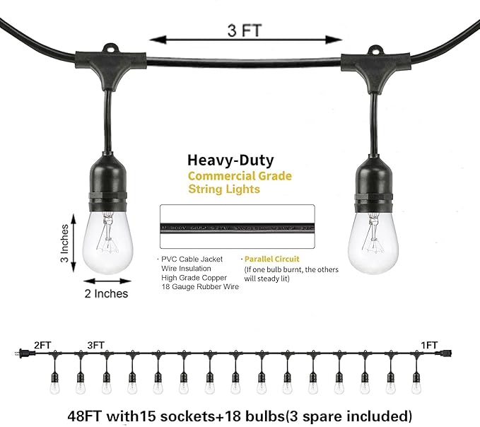 SUNTHIN 2 Pack 48FT Outdoor String Lights,Hanging Incandescent String Lights Commercial Grade Waterproof Patio Light Outside with Dimmable Connectable Edison Glass Bulbs for Bistro,Party,Holiday Decor