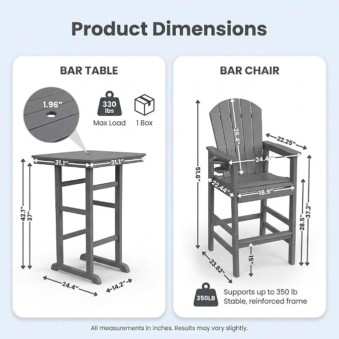 WILLIAMSPACE Height Patio Bar Table Set of 3, Outdoor Square Bar Table with Umbrella Hole, 2 Bar Stools with Cup Holders, 3-Piece All-Weather Outdoor Bistro Set for Kitchen Outside (Grey)