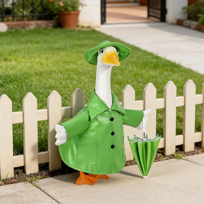 STONESTAR Raincoat Porch Goose Outfits with Umbrella Hat, Goose Spring Outfit Lawn Goose Raincoat Clothes Costume Fits 23" Geese Statue, Summer Garden Lawn Patio Yard Outdoor Decor (Raincoat-Green)