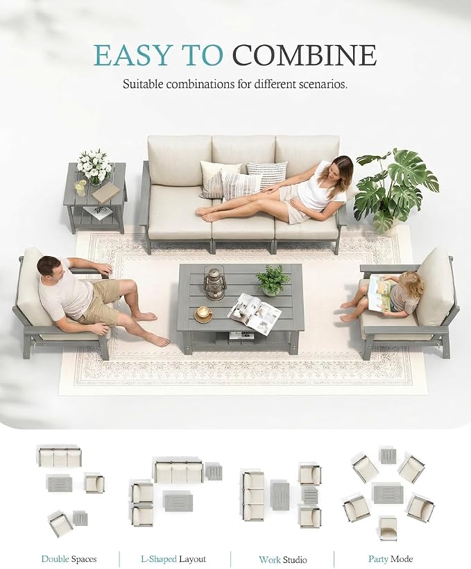 Ciokea Modular Patio Furniture Set with Thicked Cushions, 7Pcs All-Weather Outdoor Conversation Set with Coffee Table & Side Table, Modern Sectional Sofa Set for Deck (Grey Frame/Beige Cushions)
