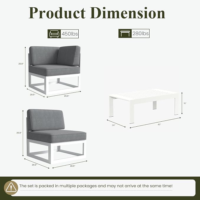LayinSun 7 Pieces Modern Aluminum Patio Furniture Set with Coffee Table, Outdoor Modular Sectional Conversation Set L-Shaped Sofa for Backyard