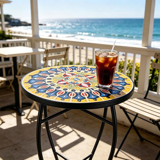 14 Inch Mosaic Patio Side Table with X-Curved Legs, Indoor Outdoor Accent Round End Table with Ceramic Tile Tops for Yard, Garden, Living Room, Bistro, C - Grand Mandala