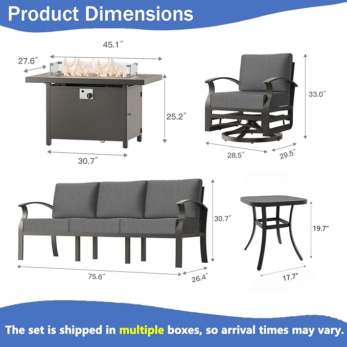 Aluminum Outdoor Patio Furniture Set,5 Pieces 5 Seats Metal Patio Sectional Furniture Set,Patio Conversation Sets with 45" Propane Fire Pit Table,Swivel Rocking Chairs Set,Grey