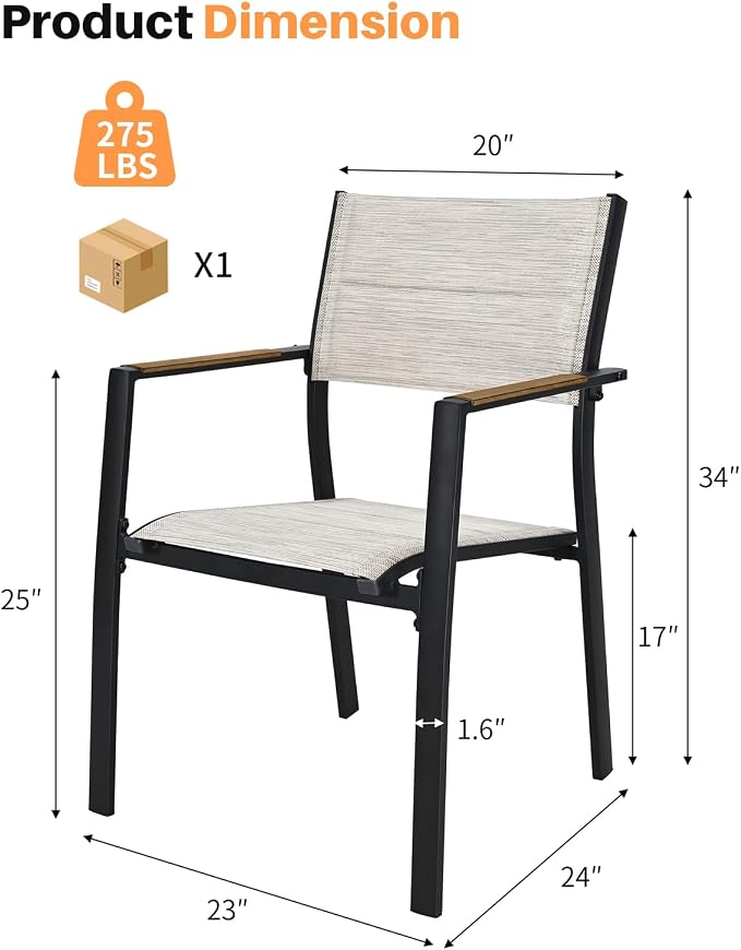 Patio Stacking Dining Chairs, Never-Rust Aluminum Stackable Patio Chairs Set of 2, Upgraded 3D Double-Layer Textilene Outdoor Dining Chairs, Patio Dining Chairs for Deck, Garden, Balcony, Teak